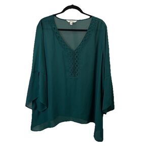 Pioneer Woman Hunter Green Lace Crochet V Neck 3/4 Sleeve Sheer Top Size XXL